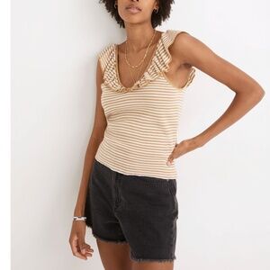 Madewell Striped Ruffle Tank Top in Tan and White